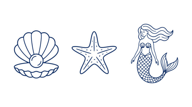 Set of hand drawn line art icons including a mermaid a starfish and an open seashell with a pearl isolated on a white background