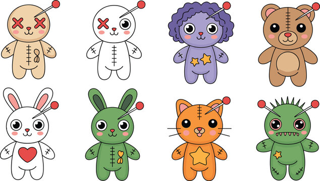 Collection of eight cute cartoon voodoo dolls and stuffed toys with pins, including rabbits, bears, and monsters keywords: voodoo