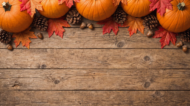 Thanksgiving Autumn Harvest Day pumpkins pine cones acorns and colorful fall leaves arranged as a top border on rustic wood table background with copy space for seasonal greeting banner