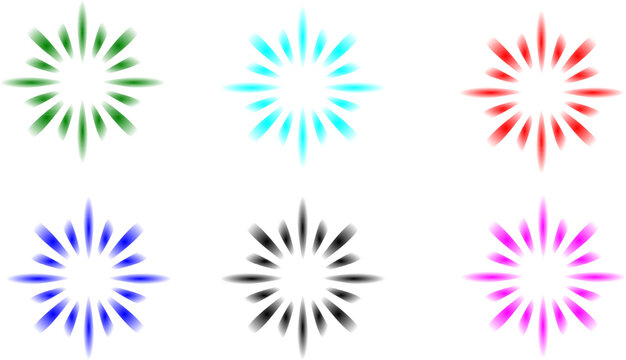 Colorful gradient starburst and fireworks burst icon set featuring radial sparkler rays in green, cyan, red, blue, black, and pink vector illustration.