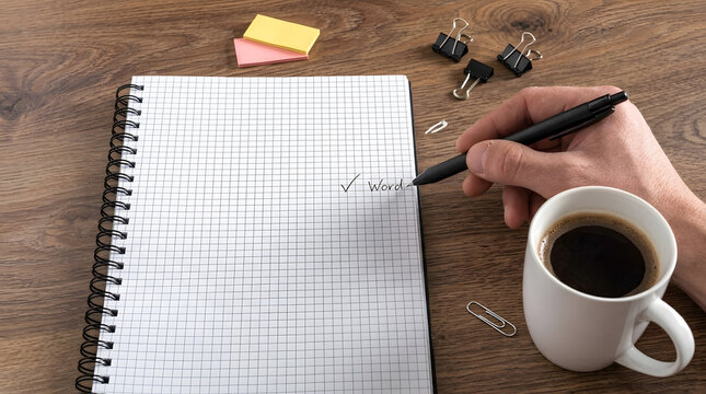 Writing in Spiral Notebook with Coffee Cup and Office Supplies | Hand Holding Pen Top View | Wooden Desk Planning Workspace