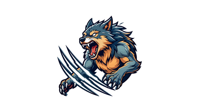 Fierce werewolf mascot roaring with sharp claws slashing forward in dynamic attack pose.