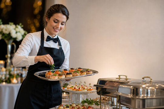 Caterer in black apron at elegant buffet with canap&eacute;s and silver tray, corporate event service concept.