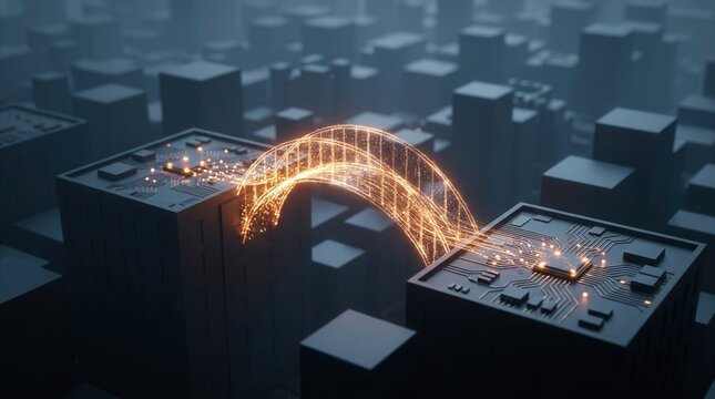Futuristic urban landscape featuring a network grid and data flow with a glowing orange digital bridge.