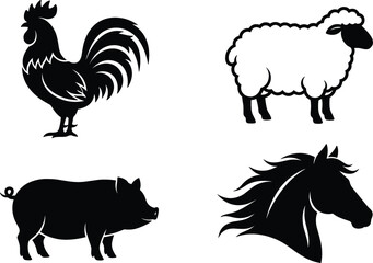 Farm Animal Silhouette Vector Icon Set Featuring Black Rooster Pig Sheep and Horse Head Symbols with Blue Outlines for Logos and Designs © MDmasum