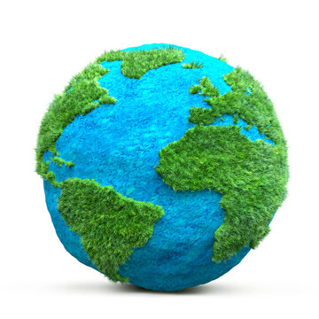3D globe covered with lush green grass representing environmental sustainability, isolated on transparent background