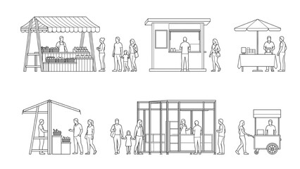 Obraz premium AutoCAD buildings architecture vector collection of market stalls and people