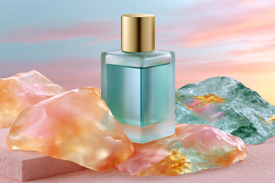 Luxury perfume bottle surrounded by colorful translucent crystals on pastel background, elegant fragrance and premium beauty product concept