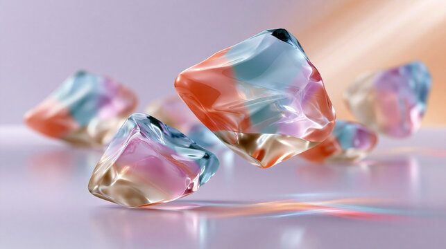 Colorful translucent glass crystals on reflective surface with pastel light, abstract luxury background with iridescent gemstone shapes