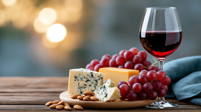Red wine with cheese and grapes on rustic wooden table, elegant gourmet appetizer and romantic evening dining concept