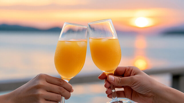 Two hands toasting with glasses of orange juice at sunset by the sea, romantic summer celebration with golden sunlight and ocean view
