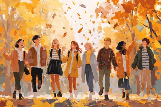Group of friends walking joyfully among falling autumn leaves, painterly illustration of youth