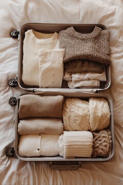 Suitcase neatly packed with neutral colored sweaters on bed, travel preparation