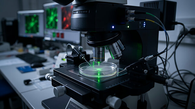 High resolution digital microscope capturing fluorescent cell imagery in a sterile research lab with microscope