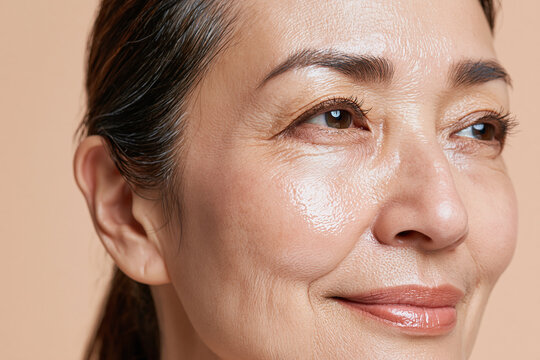 Radiant middle aged Japanese woman closeup showing dewy skin, natural makeup, subtle smile and fine lines conveying confidence and calm