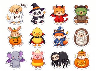 Fototapeta premium Ultra-cute Halloween sticker collection featuring baby animals (puppy, kitten, panda, bunny) wearing fun Halloween costumes. Whimsical, cheerful vector illustrations with white die-cut borders for kid