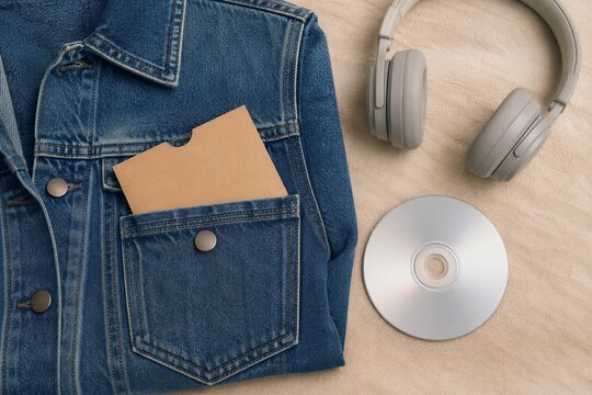 Jeans jacket with headphones and music disc
