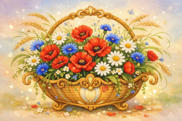 Obraz premium Ornamental wicker basket filled with red poppies, white daisies, and blue cornflowers. Watercolor style illustration of a magical summer bouquet in a golden woven basket.