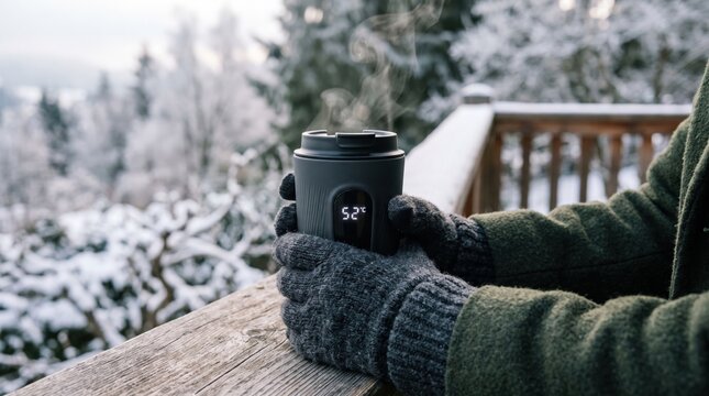 Hands wearing gloves holding smart thermal mug with digital temperature display in snowy winter outdoor setting