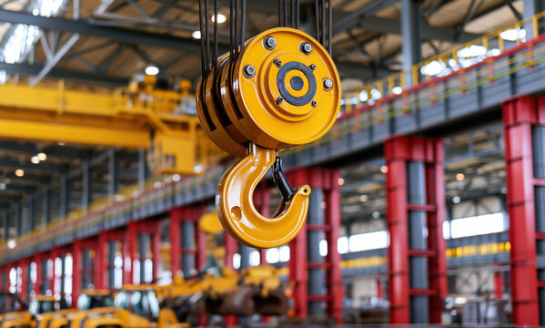 Large Yellow Overhead Crane Hook Hanging inside Modern Industrial Factory