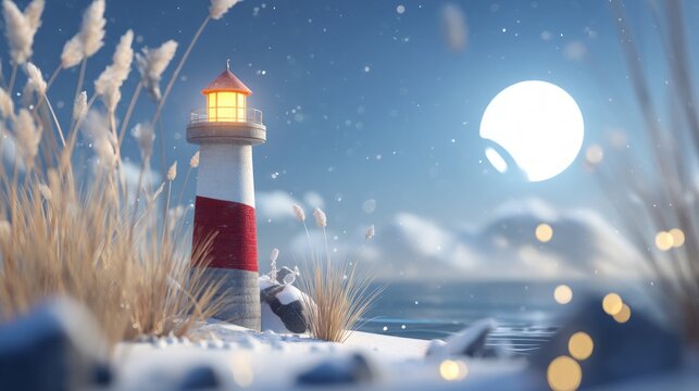 Winter lighthouse on snowy coast during night with glowing moonlight