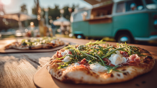 Fresh artisan pizza topped with arugula, mozzarella and prosciutto served outdoors near a food truck. Street food festival, summer dining and casual outdoor meal concept.