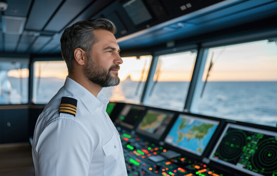 Mature Ship Captain in White Uniform on Navigation Bridge with Ocean View