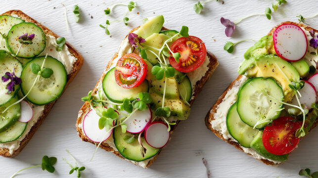 Fresh avocado toast topped with cucumber, cherry tomatoes, radish and microgreens. Healthy vegetarian breakfast served on rustic bread with vibrant ingredients.