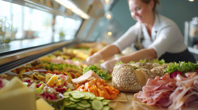Fresh sandwich ingredients displayed at a deli counter while a smiling worker prepares handmade sandwiches. Bakery, catering and fresh food service concept.