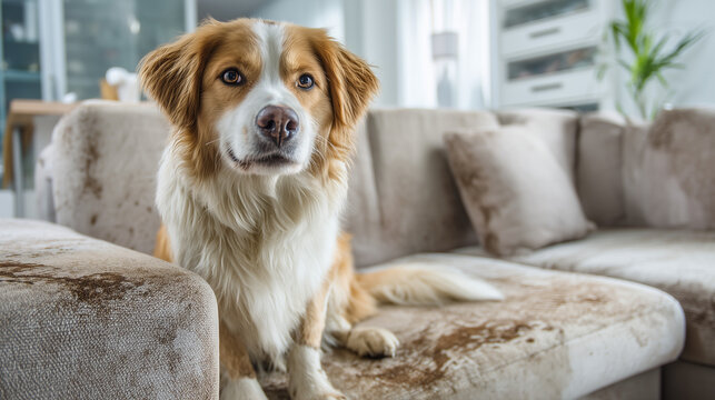 Portrait of a cute mixed breed dog sitting on a modern sofa in a bright living room. Friendly domestic pet at home with cozy interior and natural daylight.