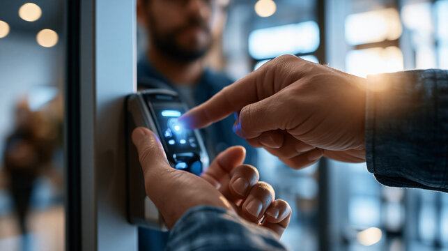 Bright office entryway macro close up of an employee finger scanning a fingerprint reader that records the start of the working day glowing confirmation light on the device