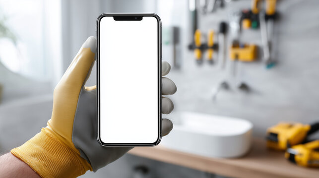 Blank smartphone screen held by a worker wearing protective gloves in a modern workshop. Mobile app mockup for handyman, repair, maintenance or home service business.
