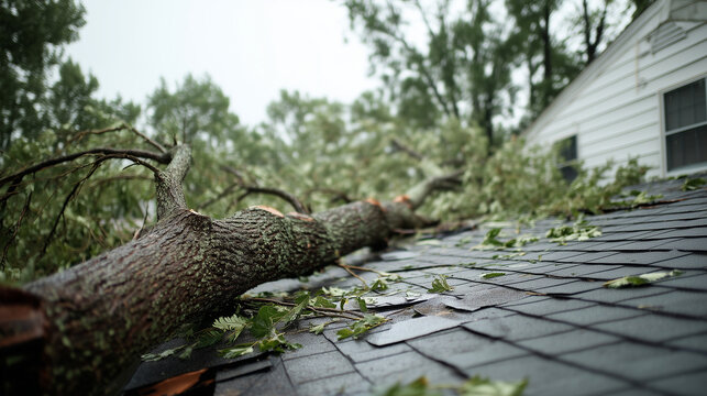 Large fallen tree crushing a residential house roof after a severe storm. Dramatic natural disaster scene showing property damage, emergency situation and insurance claim concept.