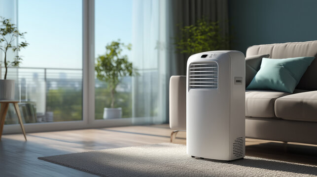 Modern portable air conditioner standing in a bright living room with large windows. Home cooling, indoor comfort, energy-efficient climate control and summer lifestyle concept.
