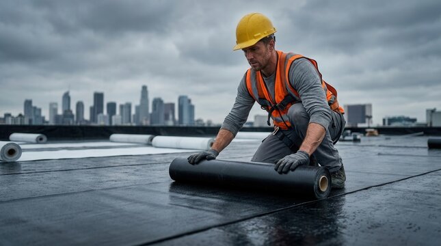 Worker installs waterproof membrane on flat rooftop during construction.