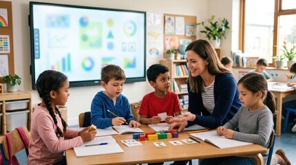 Fototapeta premium Interactive board stays unreadable while pupils use cards and blocks, showing primary school technology as background support for shared discovery today.