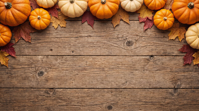 Thanksgiving Autumn Harvest Day orange and white pumpkins with colorful fall leaves arranged as a top border on rustic wood table background with copy space for seasonal greeting banner