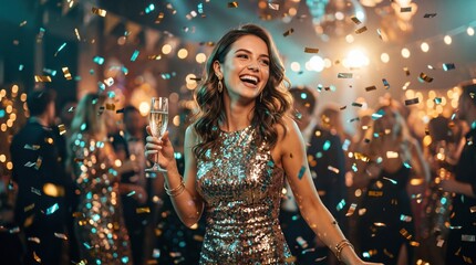 Fototapeta premium Joyful woman in metallic dress celebrating with confetti at a glamorous party for festive design and event promotion