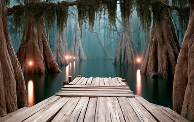 Fototapeta premium Atmospheric wooden dock extending into foggy swamp with towering trees