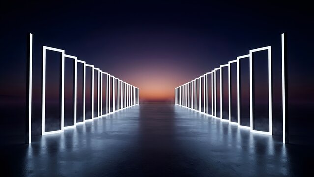Symmetrical glowing rectangular light frames arranged in a long tunnel against dark evening horizon