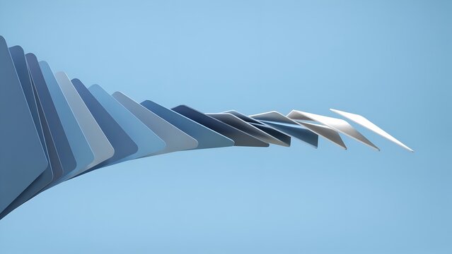 Abstract composition of overlapping curved blue and white layers creating a dynamic flowing shape