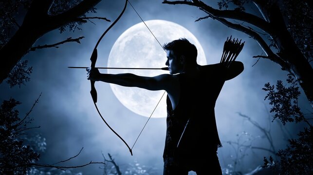 Silhouette archer aiming bow at full moon