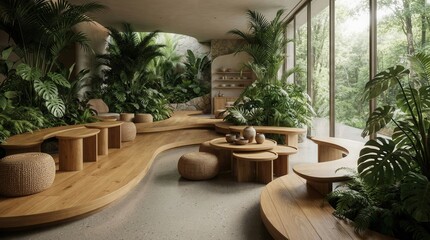Fototapeta premium Cozy seating areas in a tranquil, eco-friendly lounge space with organic design.