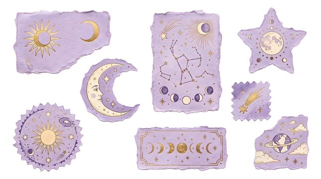 Watercolor Celestial Elements Set with Purple Torn Paper and Golden Moon Sun and Star Astrology Illustrations