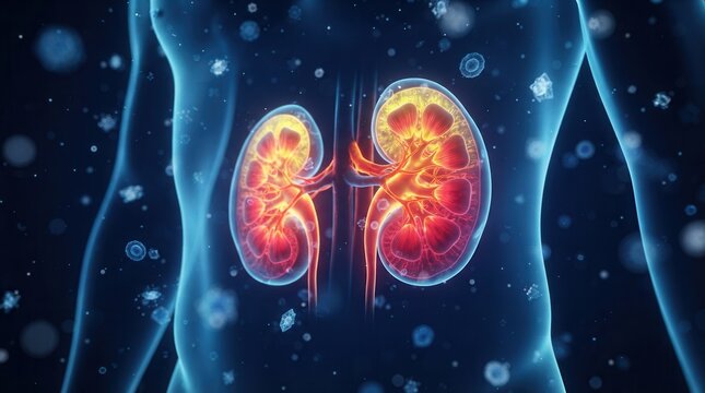 Human kidney cross-section digital art featuring a blue transparent human torso outline and glowing internal structures.