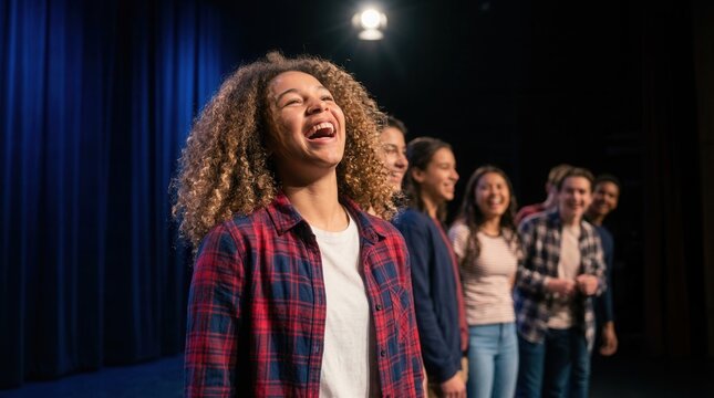 Young actors in a class practicing improv theater together