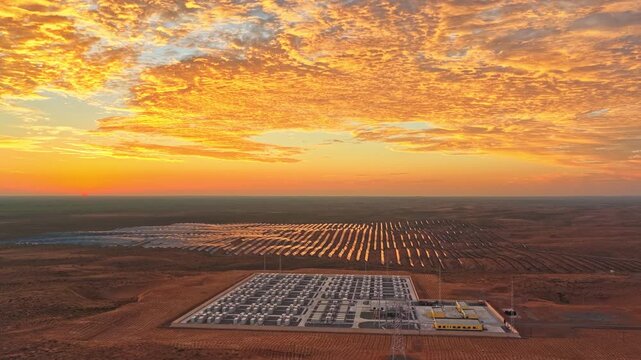 Energy storage station at sunset, new energy, shared power energy, solar photovoltaic power plant