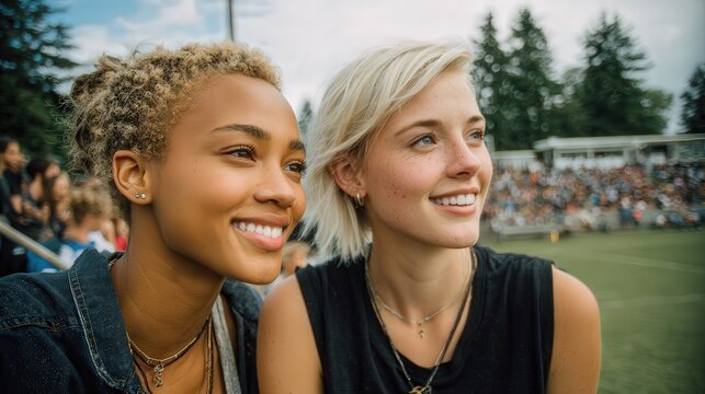 Two smiling young women enjoying an outdoor event together; friendship, connection, and joyful moments at a festival or sporting game.