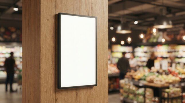 Digital screen for marketing messages on a wood panel wall in a retail space.