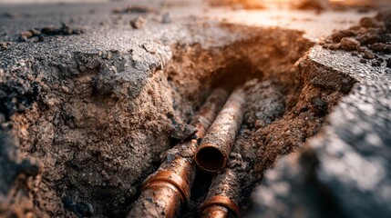 Fototapeta premium Rusted metal pipe underground exposed by cracked dry soil with sunlight glow